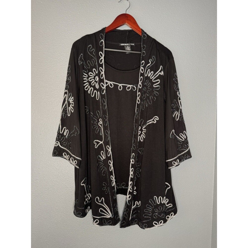Lauren Michelle Woman 1X Black Silver Beaded Embroidered Mesh Kimono Blouse